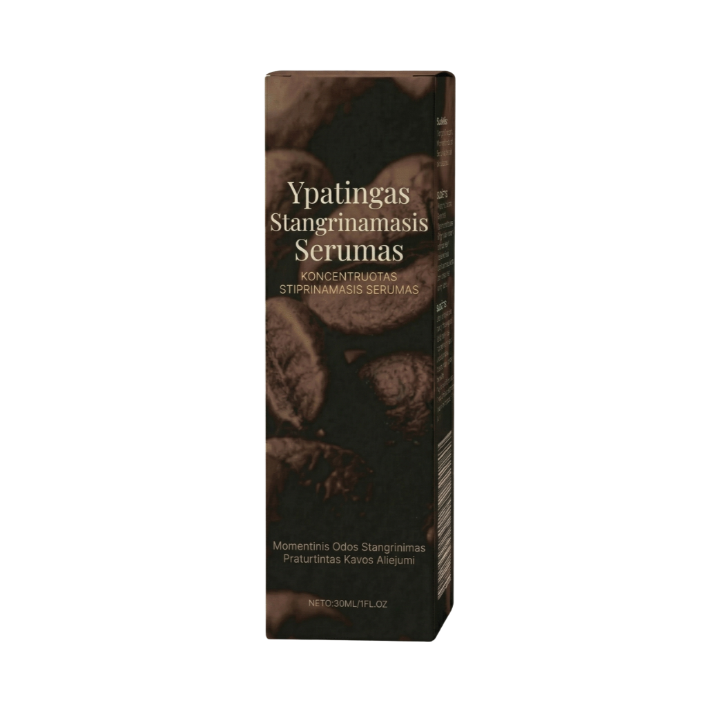 Ypatingas Stangrinamasis Serumas pakuotė, specialiai sukurta odos stangrinimui ir priežiūrai.