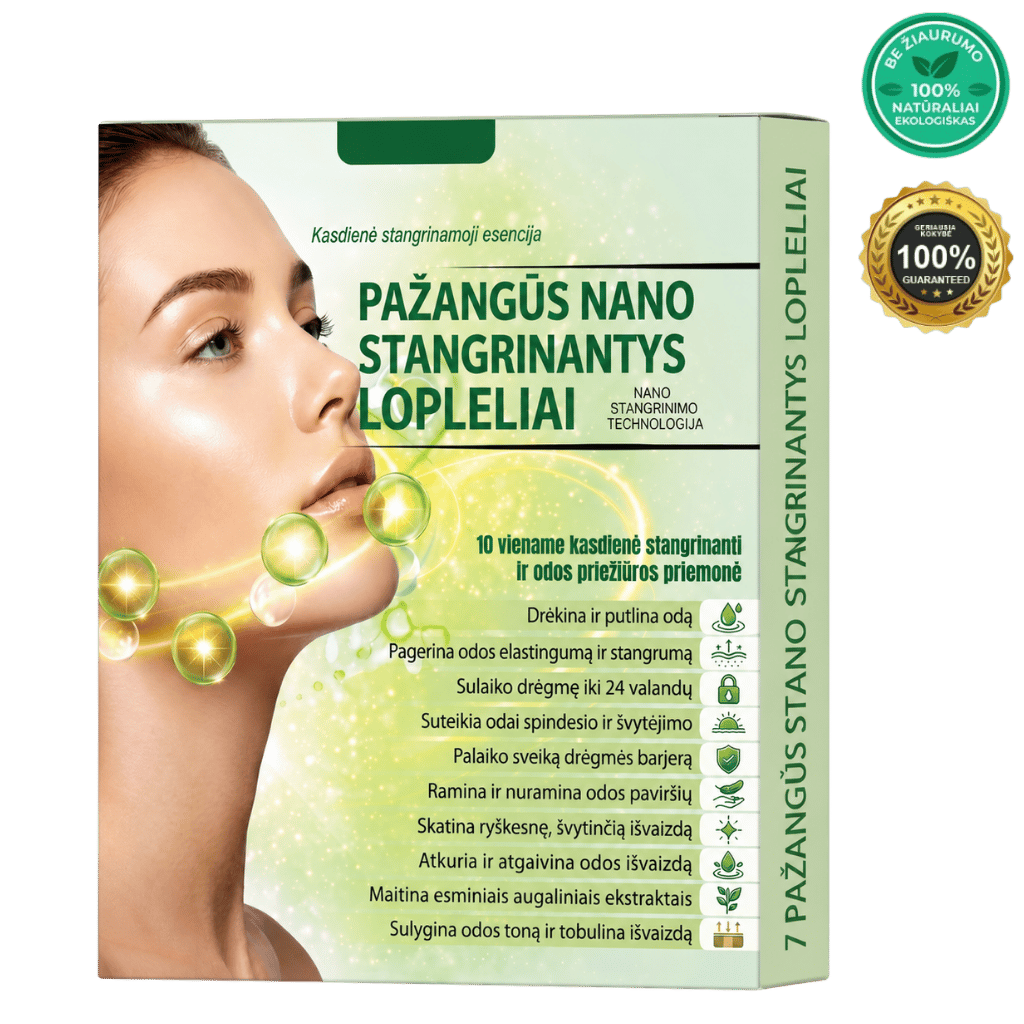 Pažangus Nano Stangrinamasis Pleistras pakuotėje su modeliu, demonstruojančiu odos priežiūros produktą ir jo naudą.