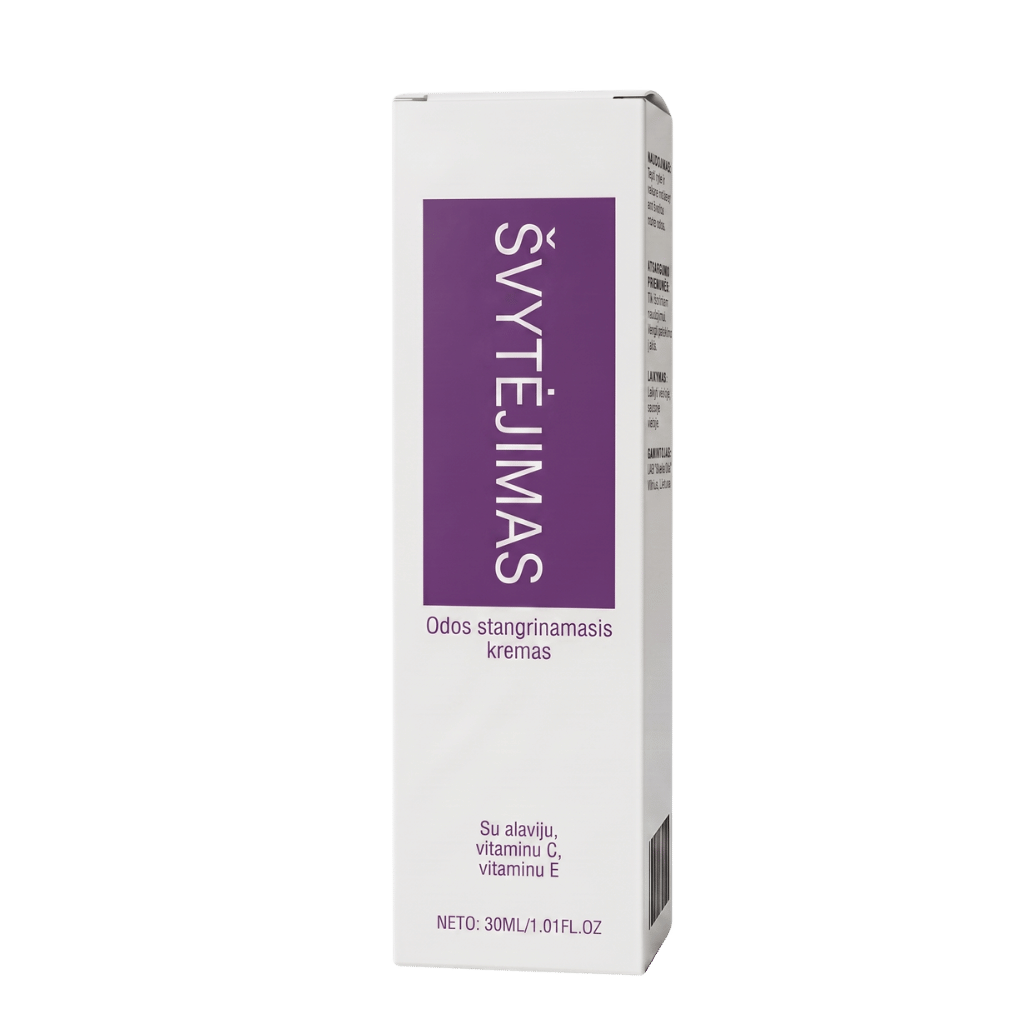 Švelnus odos priežiūros kremas esantis pakuotėje, su alavijais ir vitaminais C bei E.