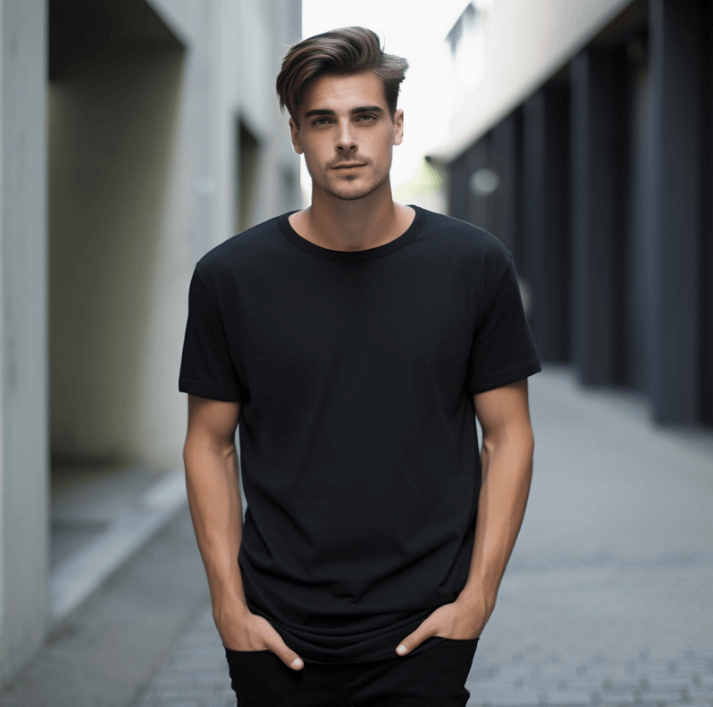 Jaunas vyriškas modelis su juodu marškinėliu, pozuoja urbanistinėje aplinkoje.