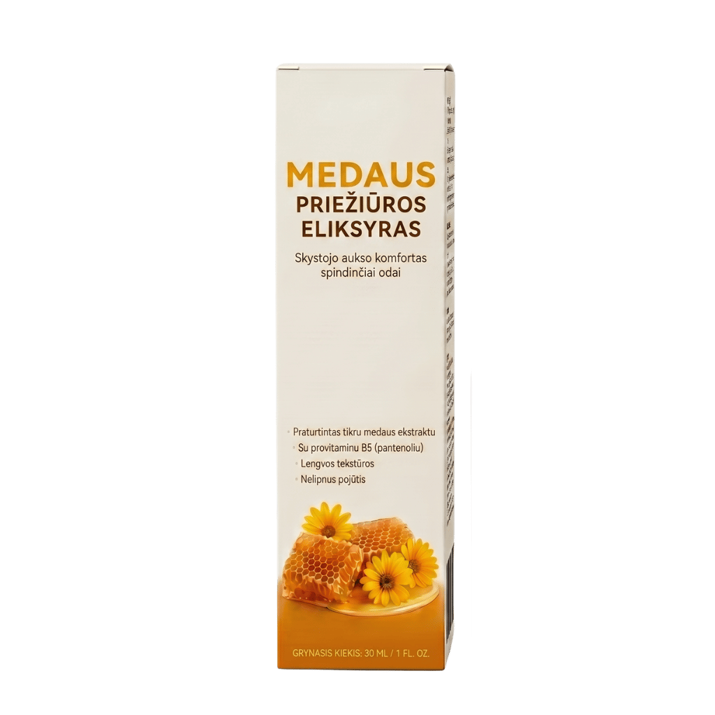 Medaus priežiūros eliksyras odos priežiūros produktas su natūraliu drėkinimu ir komfortu.
