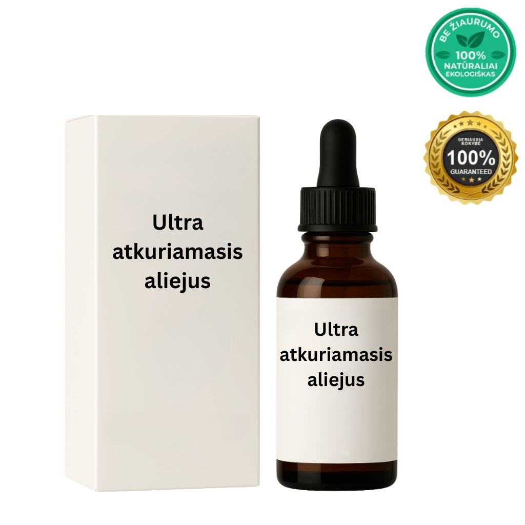 Ultra atkuriamasis aliejus buteliukas su pakuote, skirtas odos priežiūrai ir grožio rutinai.