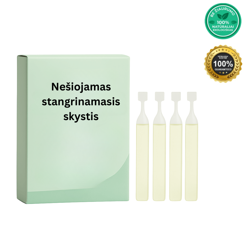 Nešiojamas stangrinamasis skystis su buteliukais odos priežiūrai, skirtas pagerinti odos išvaizdą.