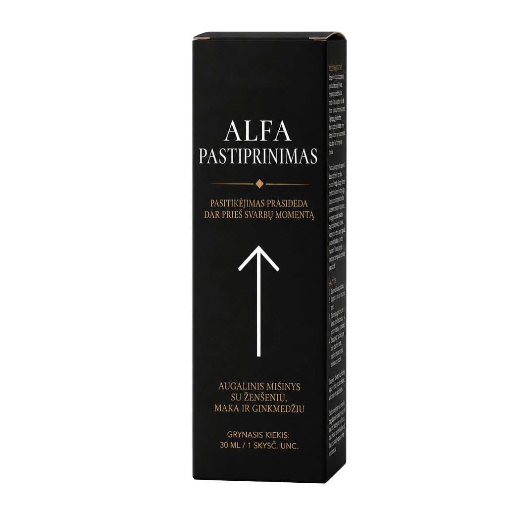 Energetický zaostřovací olej - ALFA pastiprinimas su ženšenio, makos ir ginkmedžio aukštos kokybės gaminyje