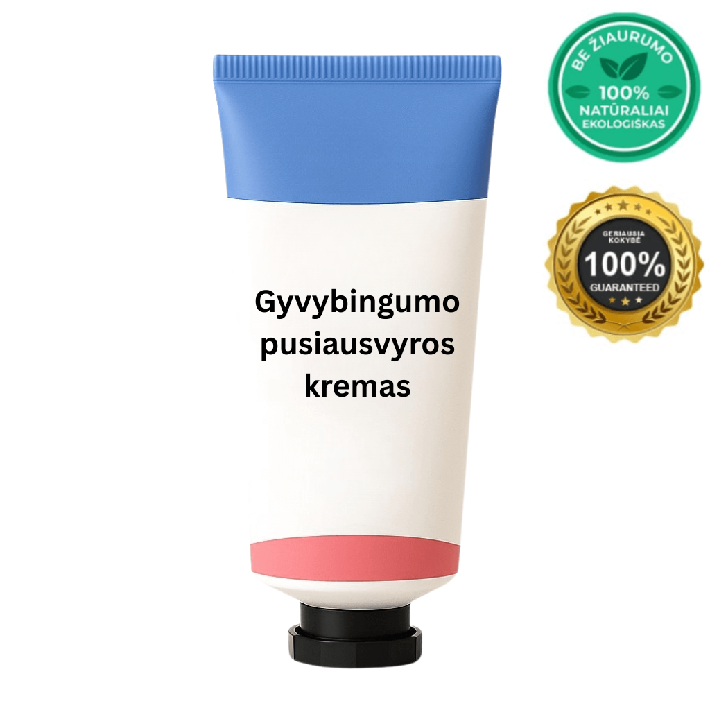 Gyvybingumo pusiausvyros kremas - natūrali, ekologiška odos priežiūros priemonė su švelnia tekstūra.