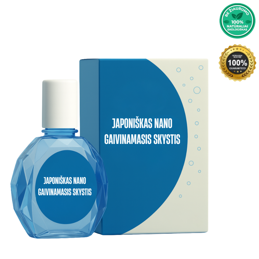 Japoniškas nano gaivinamasis skystis buteliukas su pakuote, natūralaus grožio produktas.