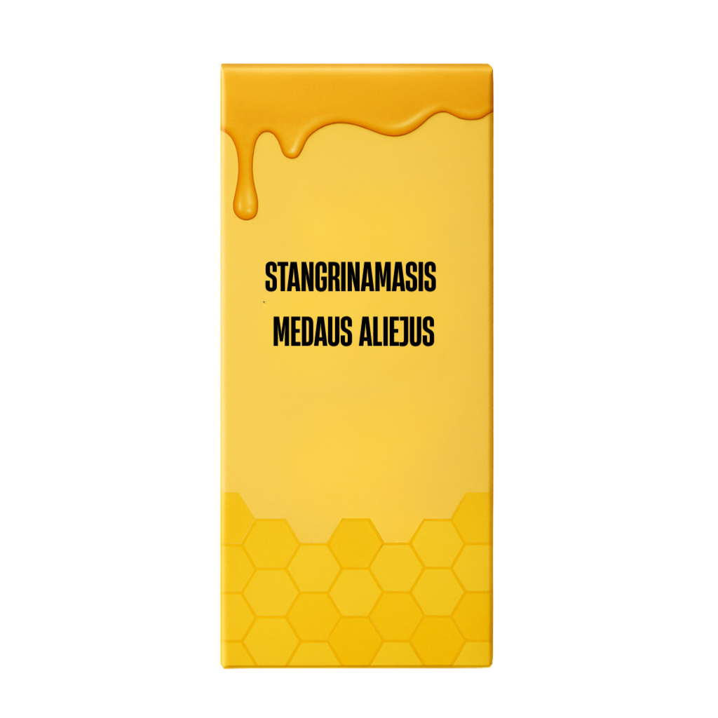 Stangrinamasis Medaus Aliejus pakuotė su bičių vašku ir medaus lašais, odos priežiūrai.