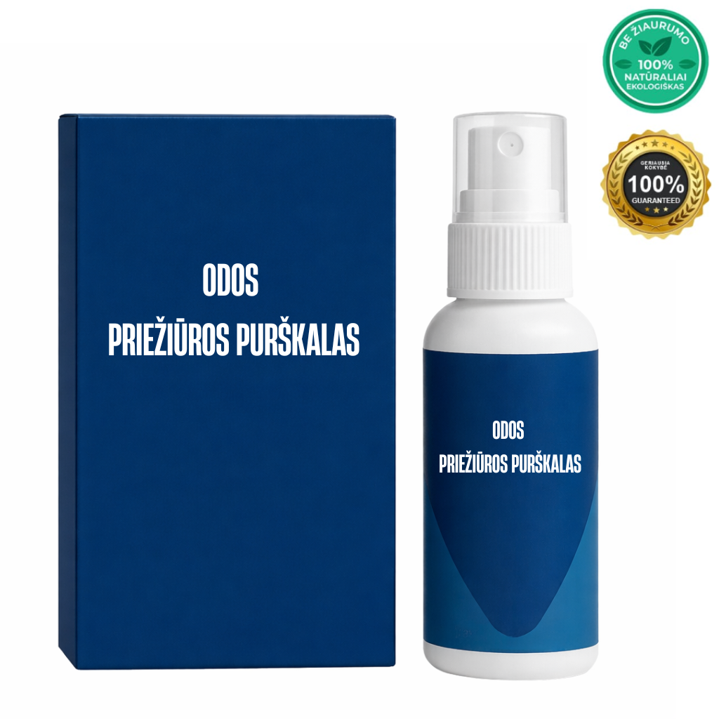Odos priežiūros purškalas buteliukas su mėlynu pakuotė ir ekologiškais sertifikatais.