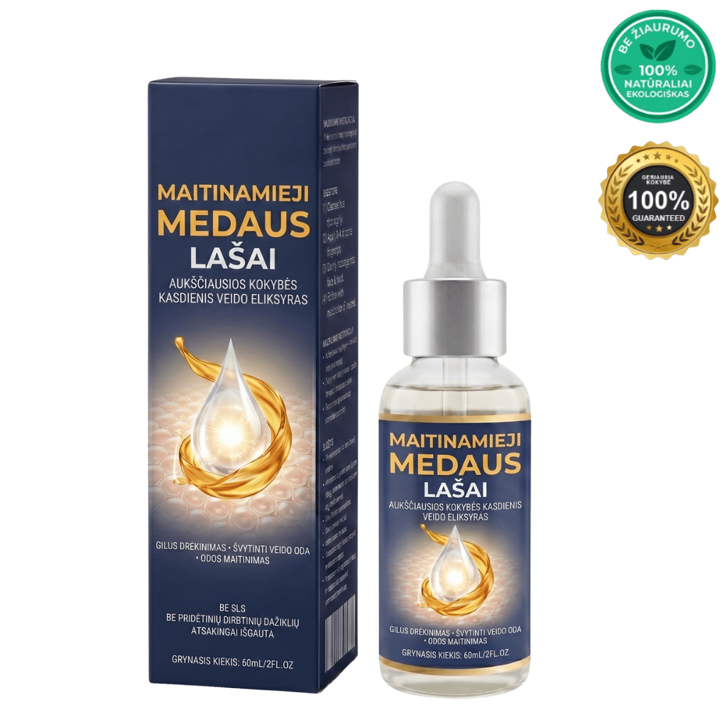 Maitinamieji medaus lašai - odos puoselėjimo eliksyras su lengva tekstūra ir natūraliais ingredientais.