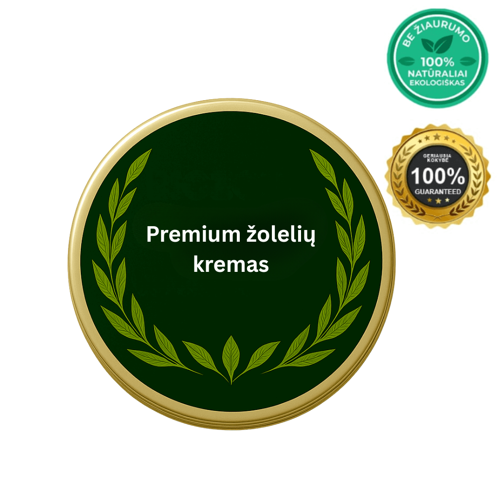 Premium žolelių kremas pakuotė su natūralių ingredientų simboliais ir garantijos ženkleliu.