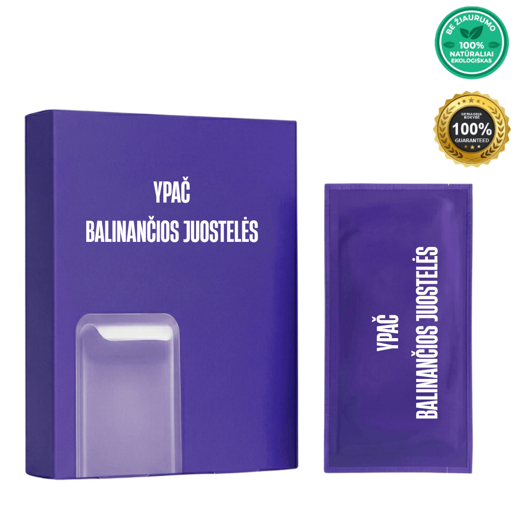 Ypač balinančios juostelės, grožio priemonės pakuotė ir produktas, skirtas šypsenos balinimui.