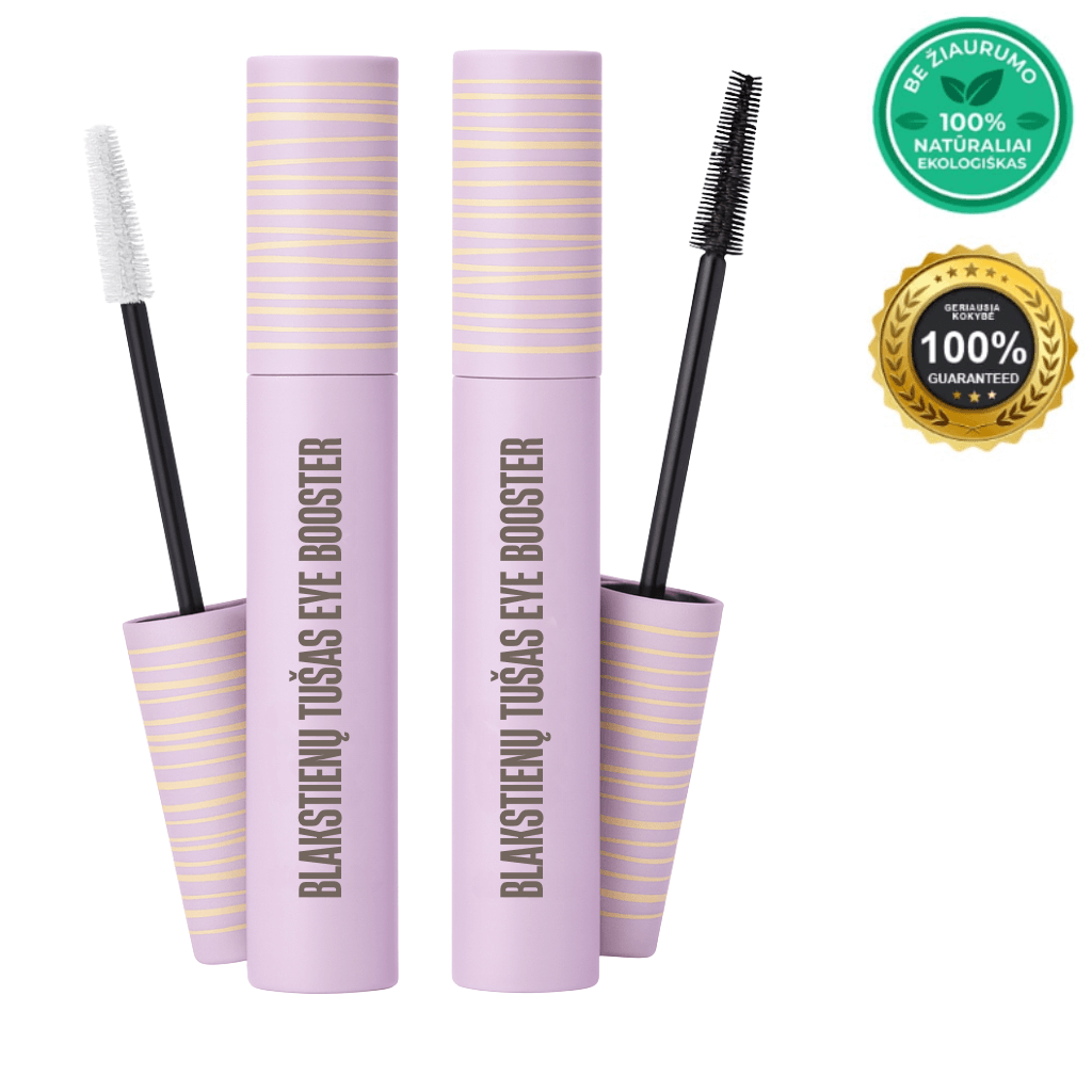 Blakstienų tušas Eye Booster produktai su šepetėliais, skirti blakstienoms sustiprinti ir išryškinti.