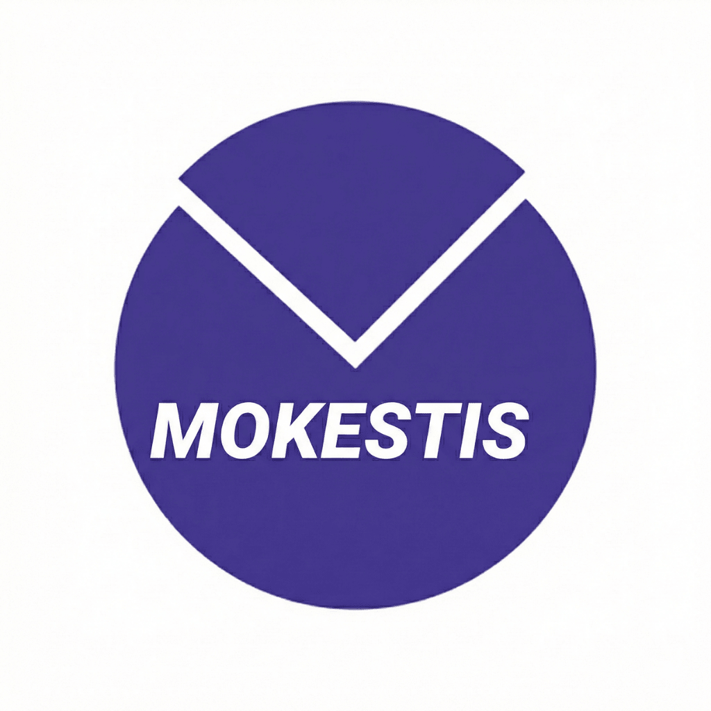 Mokestis logo featuring a circular design with a minimalistic purple and white theme.