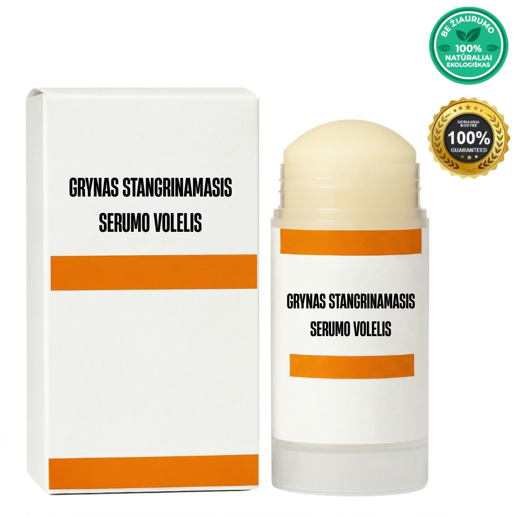 Grynas stangrinamasis serumo volelis su elegantišku dizainu ir natūraliais ingredientais.
