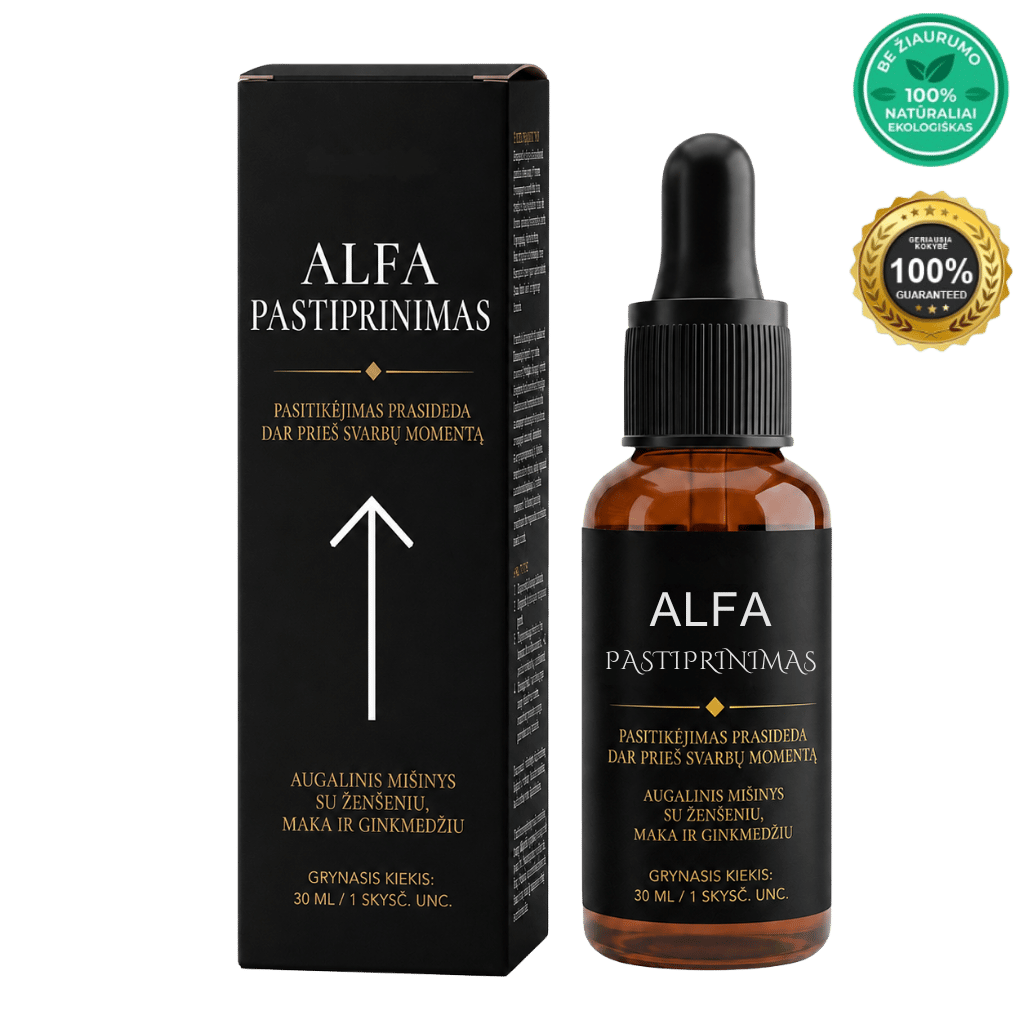 Energetický zaostřovací olej 30ml buteliukas su juodu dangteliu ir pakavimo dėžute.