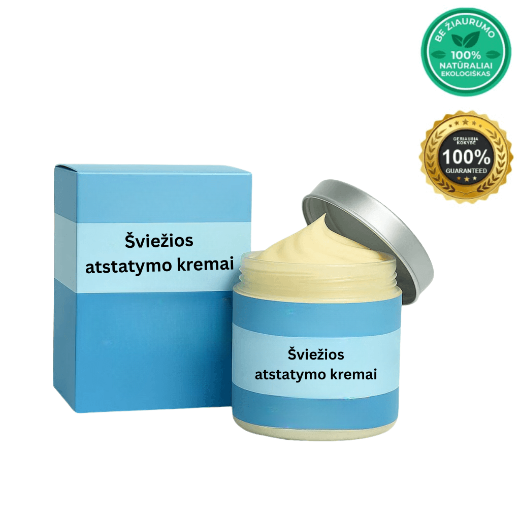 Šviežios atstatymo kremai in a jar with a light, creamy texture for skin care and rejuvenation.