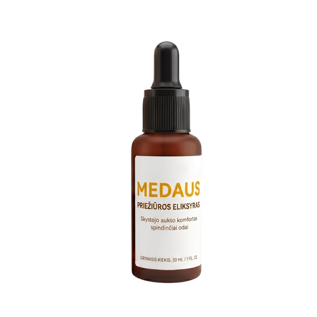 Medaus priežiūros eliksyras, odos drėkinimo ir komforto serumas, 30 mL buteliuke.