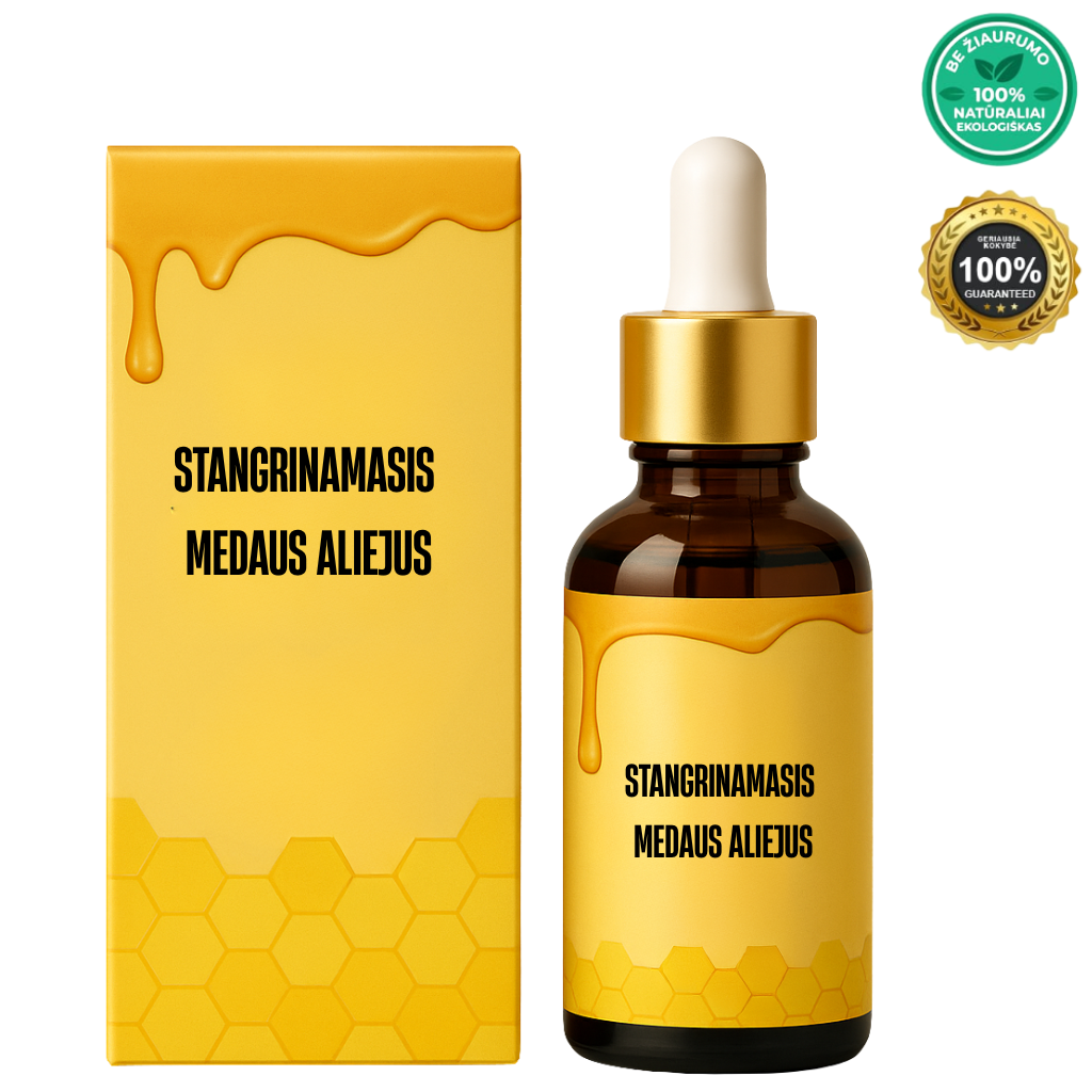 Stangrinamasis Medaus Aliejus – augalinės kilmės odos priežiūros aliejus, intensyviai maitina odą.