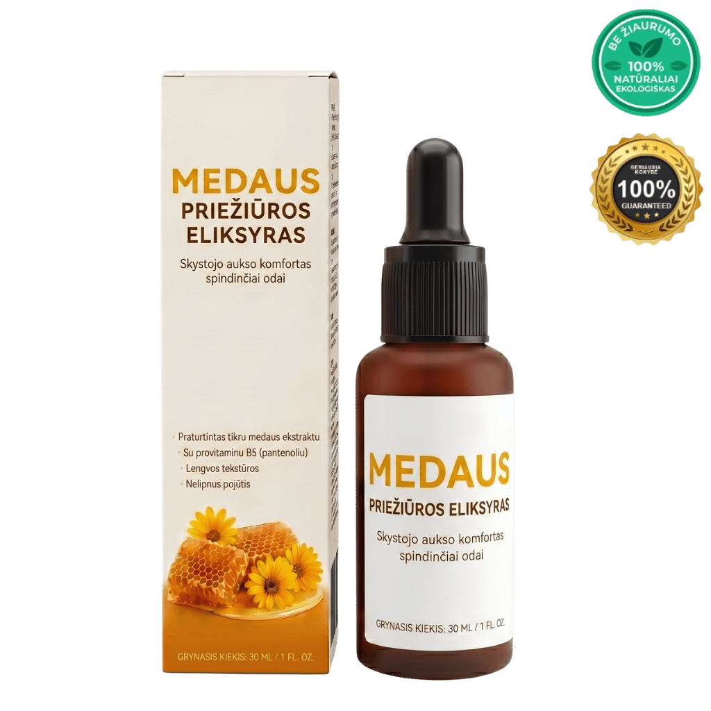 Medaus priežiūros eliksyras - odos priežiūros eliksyras su medaus ekstraktu ir vitaminu B5, 30 ml.