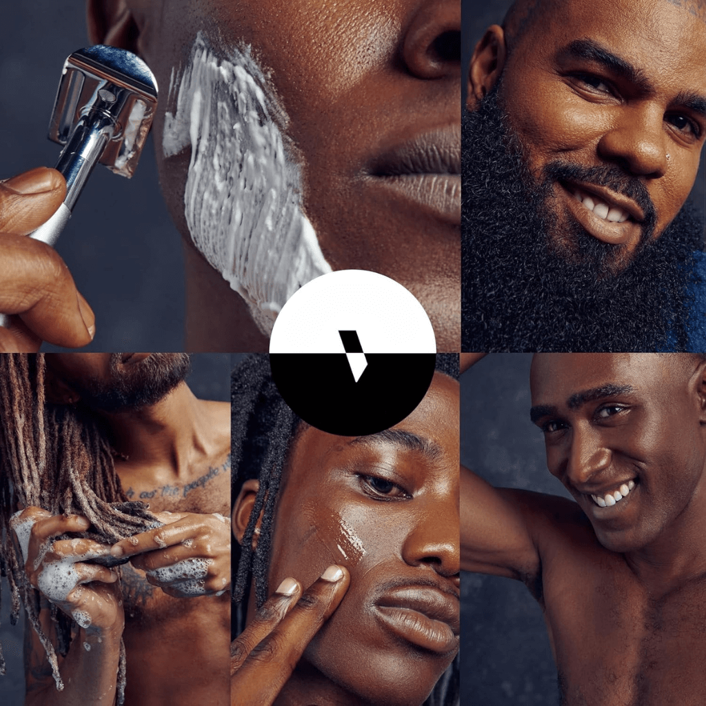 Skaistums Aloe Skutimosi Kreminis Gelis applied during a shaving routine on diverse skin types.