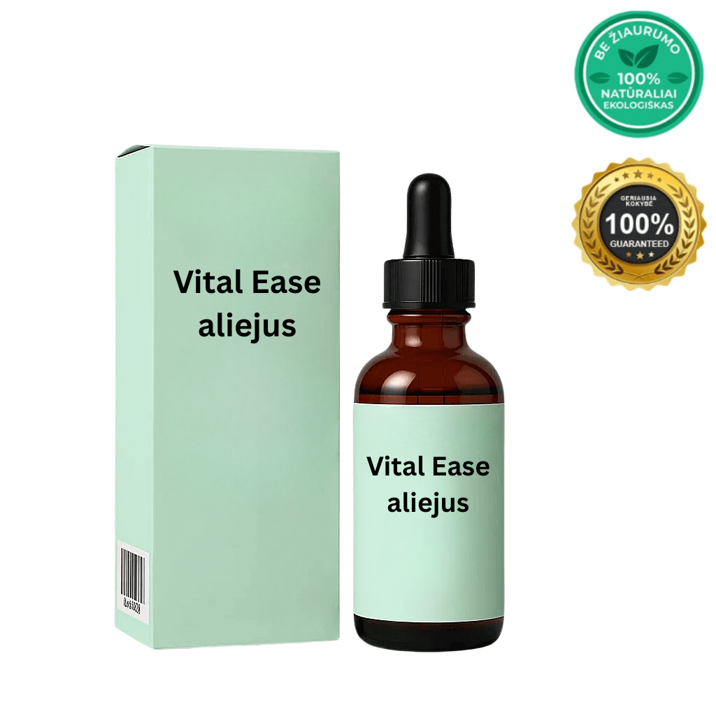 Vital Ease aliejus buteliukas su pakuote, 100% natūralus odos priežiūros produktas.