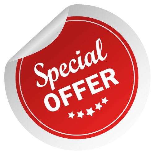 Red round sticker with text 'Special Offer' promoting discounts and deals.