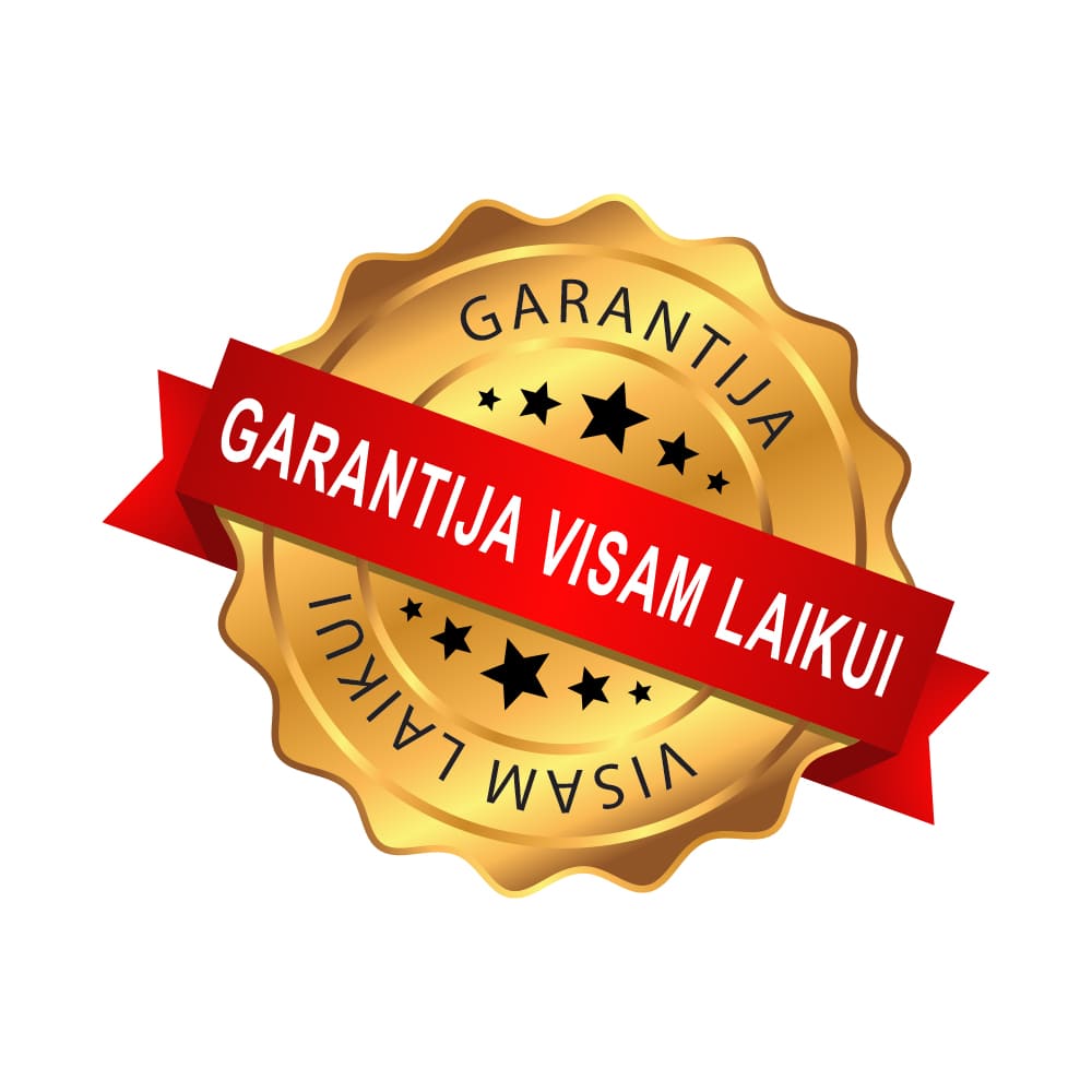 Garantija visam laikui - aukso emblemą su raudona juostele ir žvaigždėmis.