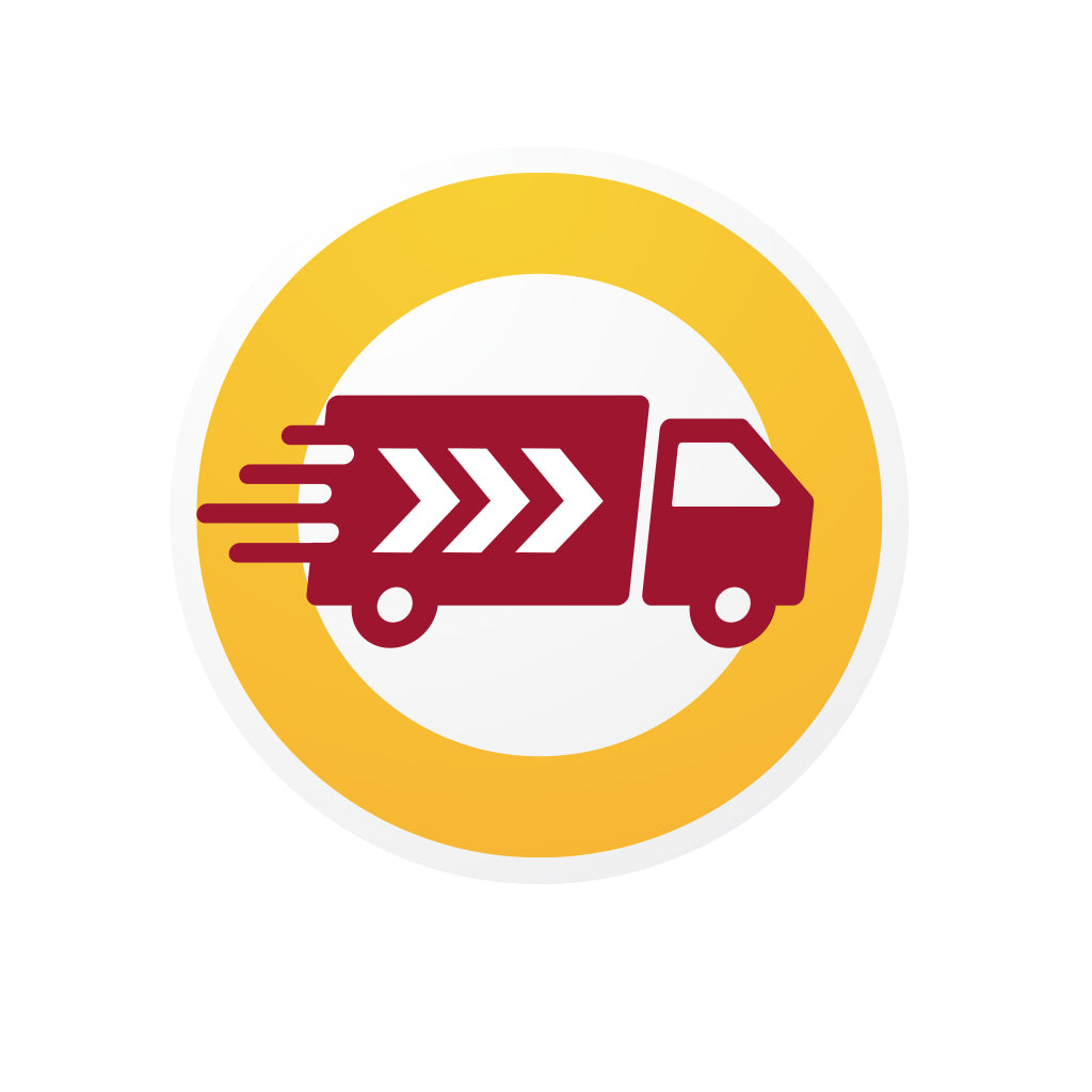 Pirmenybinis pristatymas icon with a delivery truck in motion on a circular yellow background.