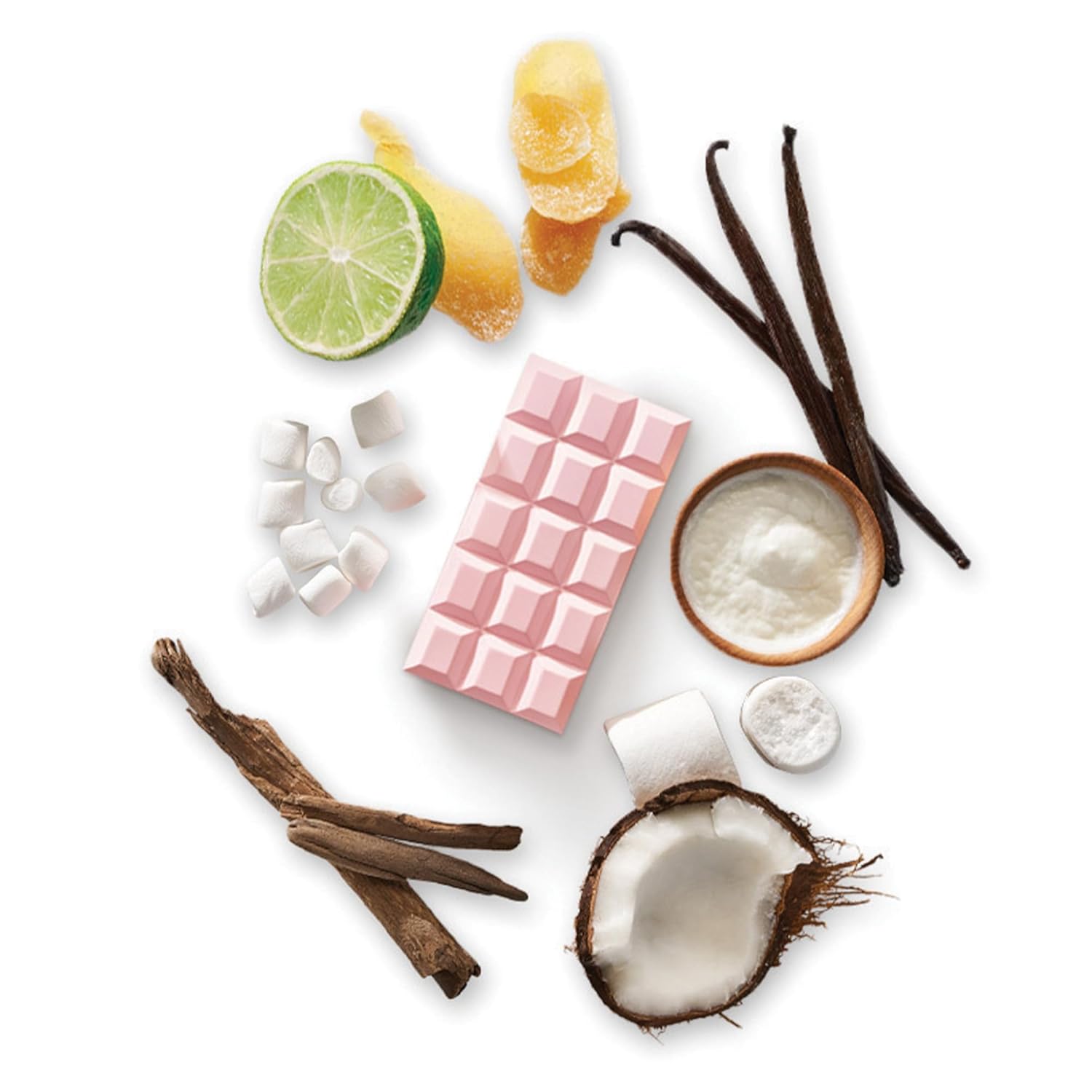 Skaistums Aroma Elegancija ingredients including lime, vanilla, ginger, pink chocolate, and coconut on a white background.