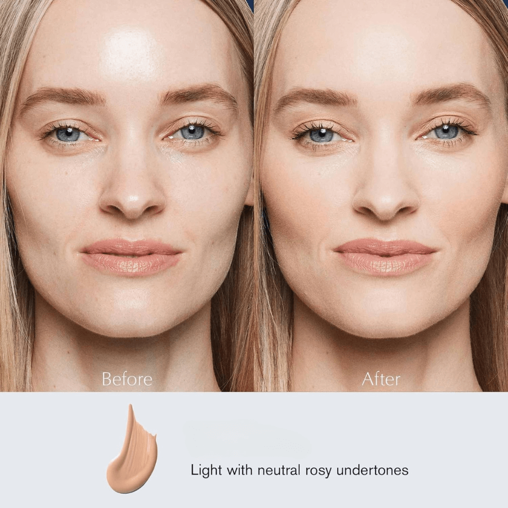 Before and after image demonstrating Skaistums Langleikė fono kremas with light, neutral rosy undertones.