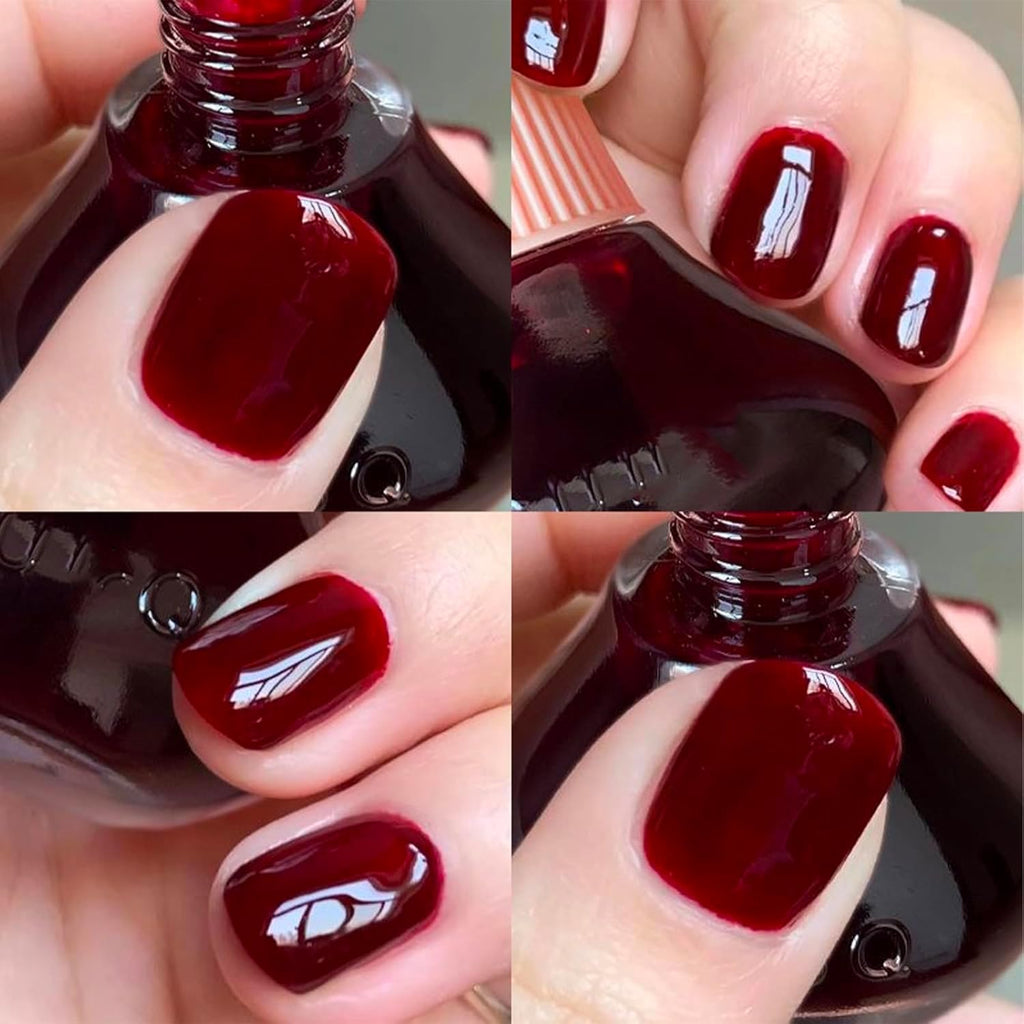 Skaistums Spalvinis Nagų Lakas with rich red color, showcasing smooth application and glossy finish on nails.