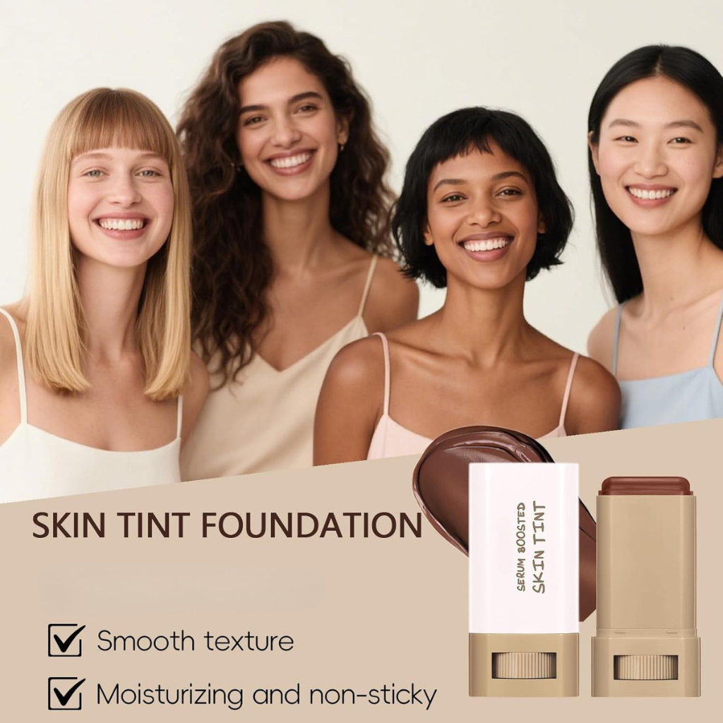 Skaistums Drėkinantis Pagrindas displayed with smiling models showcasing smooth texture and moisturizing benefits.