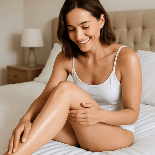 Moteris džiaugiasi švelnia oda, naudojanti Skaistums Lyginantis kremas, sėdėdama ant lovos.