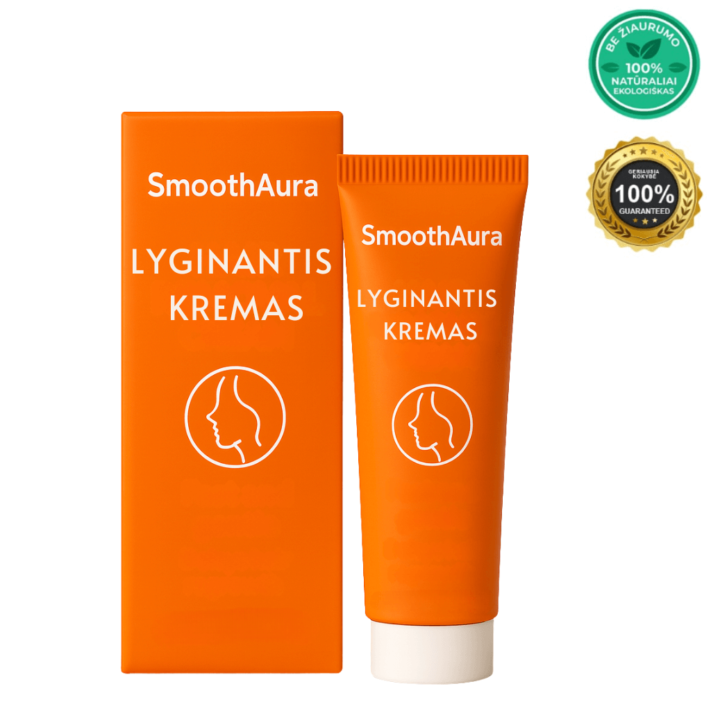 Skaistums Lyginantis kremas by SmoothAura in orange packaging with natural certification.
